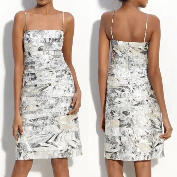 JS Collections Women's Tiered Crepe Abstract Print Spaghetti Strap Sheath Dress - Picture 1 of 15
